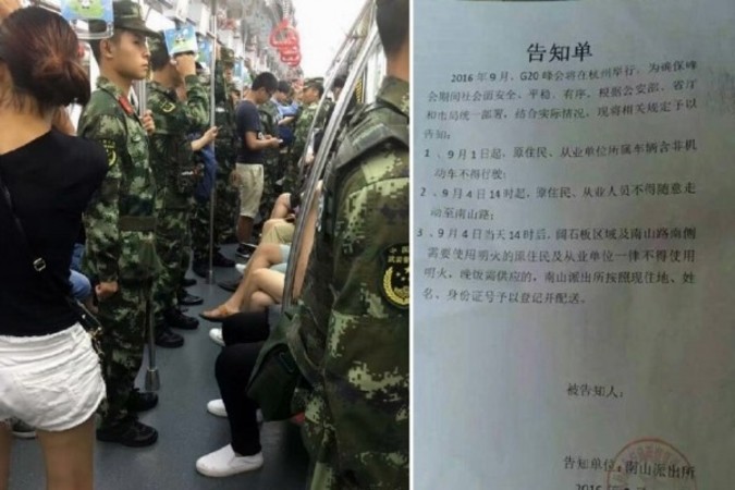 左:地下鉄車両内、厳重な警戒模様 右:火使用禁止の通達(ネット写真)