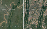 著しいスピードの開発で、都市化した中国重慶。 左の図は1984年、右図は2016年。中央を流れる川は嘉陵江（Google Earth Engineスクリーンショット）