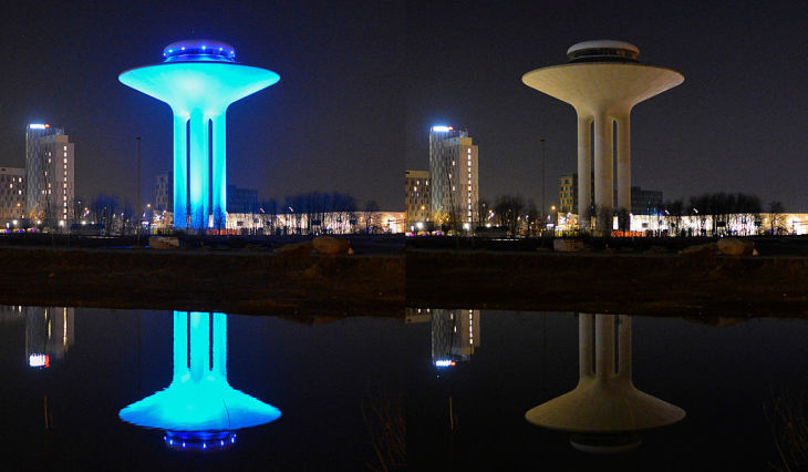 2016年のアースアワーに参加したスウェーデン第3都市マルメ(Malmö)。消灯前と消灯後の写真(JOHAN NILSSON/TT/AFP/Getty Images)