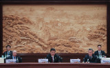 中国主導の経済サミット「一帯一路」が北京で5月15日、16日に開かれた。円卓会議に参加している（左から）ロシアのウラジーミル・プーチン大統領、中国の習近平国家主席、アルゼンチンのマウリシオ・マクリ大統領（LINTAO ZHANG/AFP/Getty Images）