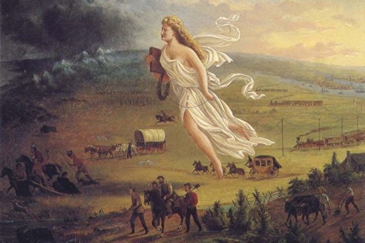 ジョン・ガストの最も有名な絵画「アメリカの進歩」(1872)。聖書を手にする女神。アメリカの西洋美術の精神を示す芸術作品の一つ(Wikipedia)