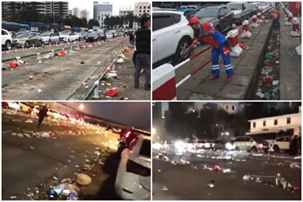 立ち往生した車から捨てられたごみが散乱している。(ネット写真)