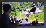 24日、北朝鮮は北東部プンゲリ（豊渓里）にある国内唯一の核実験場で坑道を爆破したと発表した。写真は爆破の様子を伝えるテレビ画面を見る韓国の市民（JUNG YEON-JE/AFP/Getty Images）