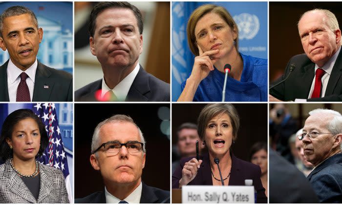 （上段左から）オバマ前米大統領、ジェームス・コミー前FBI長官、サマンサ・パワー前米国連大使、、 サリー・イェーツ前司法副長官、ダナ・ボーント前司法副長官（GettyImages）ジョン・ブレナン前CIA長官、（下段左から）スーザン・ライス元国家安全保障補佐官、アンドリュー・マッケベイ前FBI高官