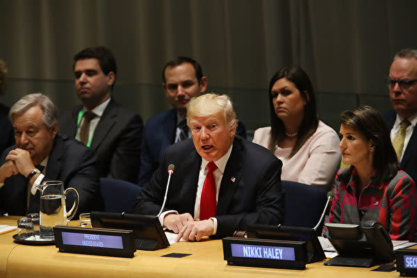 トランプ米大統領は昨年9月、国連本部で行った演説で、中国当局による米中間選挙に介入していると述べた（Spencer Platt/Getty Images）