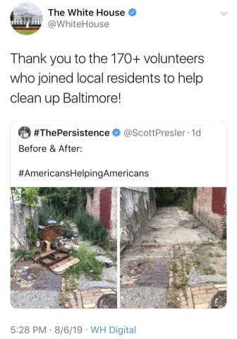 清掃活動に関わったボランティアに謝意を表明するホワイトハウスのアカウント（White House スクリーンショット）