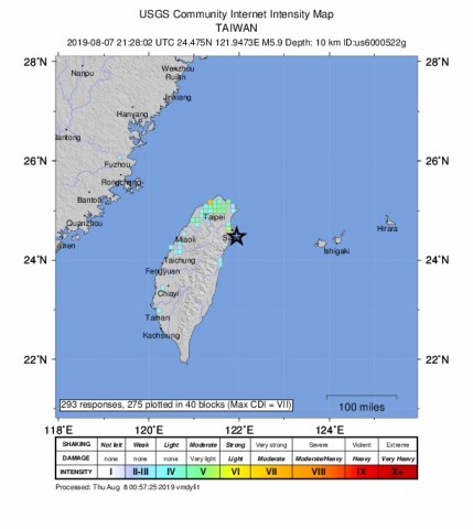 台湾北部でM6.0を記録する地震が発生した（USGS）