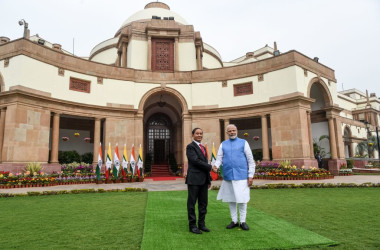 インドのナランデラ・モディ首相は、訪問したミャンマーのウィン・ミン大統領を迎える。2020年2月撮影(GettyImages)