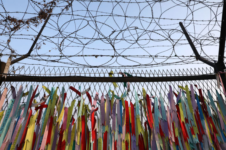 2021年2月12日、韓国の坡州・臨津閣に、南北を隔てる非武装地帯 （DMZ） 近くには鉄条網のフェンスが立っている。脱北者たちは、旧正月に先祖の霊に敬意を表するため飾りをつけている（Chung Sung-Jun/Getty Images）