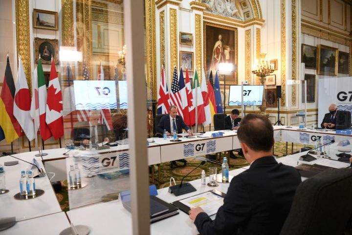 英ロンドンで5月、G7外相会議が開かれた。写真は会議中の7カ国外相たち(GettyImages)