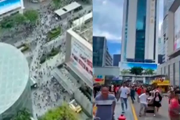 5月18日午後、中国・深セン市にある地上75階建ての超高層ビルに突然原因不明の揺れが発生し、少なくとも1万人が逃げ出した(スクリーンショット合成)