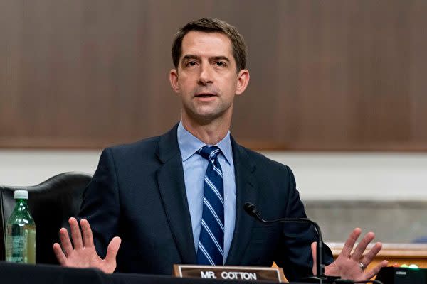 2021年3月25日、米議会の公聴会で発言する共和党のトム・コットン(Tom Cotton)上院議員。(Andrew Harnik-Pool/Getty Images)