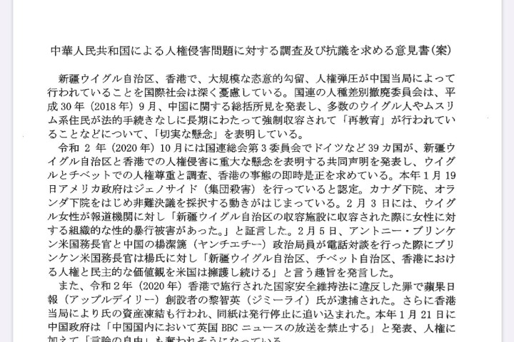 千葉・白井市議会で対中人権問題意見書が全会一致(スクリーンショット)