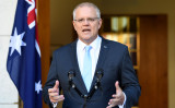 国会議事堂での記者会見に臨むオーストラリアのスコット・モリソン首相（Photo by Tracey Nearmy/Getty Images）