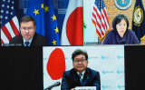 11月30日、三極貿易担当閣僚会議が開かれた。日本は萩生田経済産業省、米国はタイ通商代表、EUはドンブロフスキス上級副委員長が出席した（経済産業省提供）